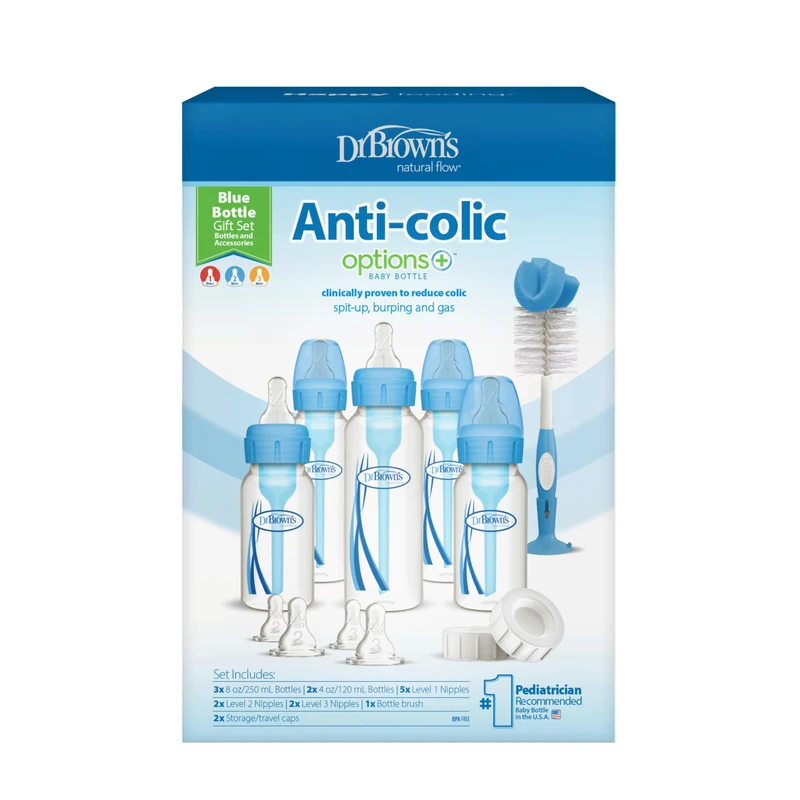 Dr. Brown’s Natural Flow Anti-Colic Options+ Narrow Blue Baby Bottle Gift Set with Bottle Cleaning Brush and Storage/Travel Caps, 0m+, BPA Free