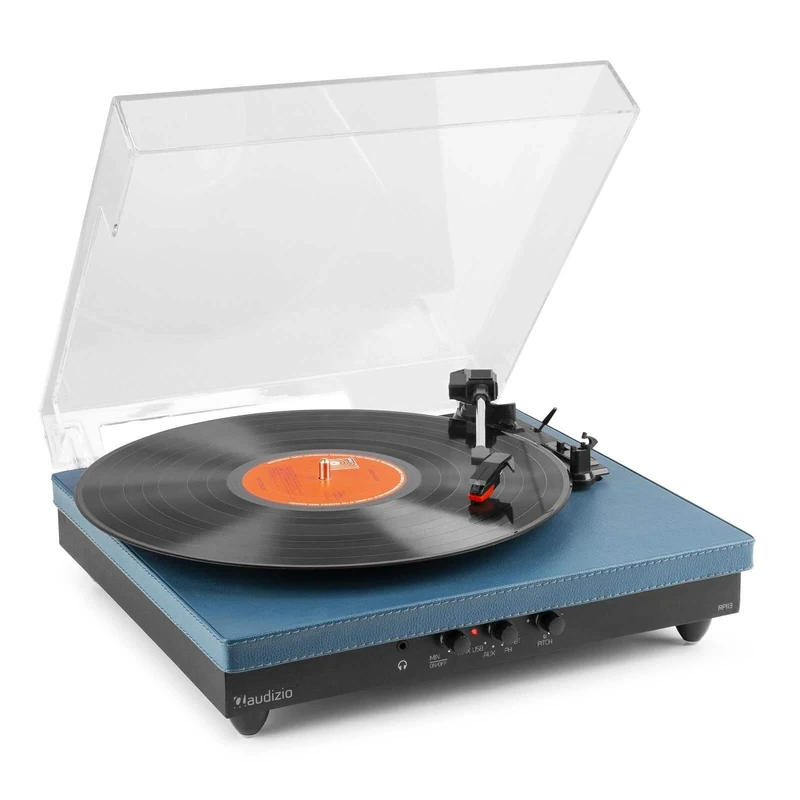 Audizio RP113D Retro Record Player with Bluetooth Output, Vinyl Turntable that Connects to Bluetooth Speaker, Built In Stereo Speakers, Home Audio LP Player, Dark Blue