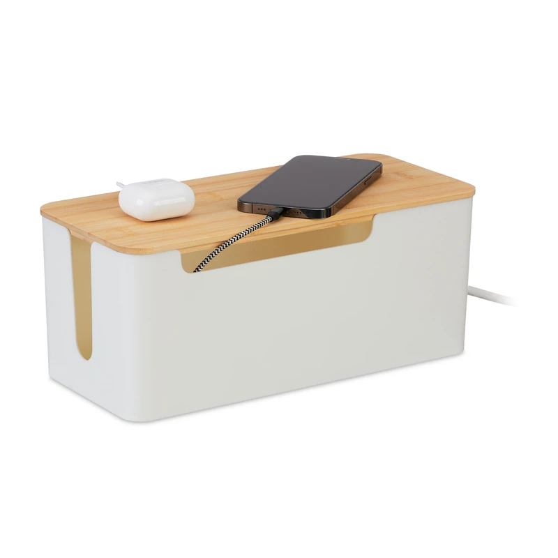 Relaxdays Cable Box, for 2 Socket Wires, Bamboo Lid, Plastic, HxWxD: 13 x 31 x 14 cm, Hide & Manage Wire, White/Natural - Image 1