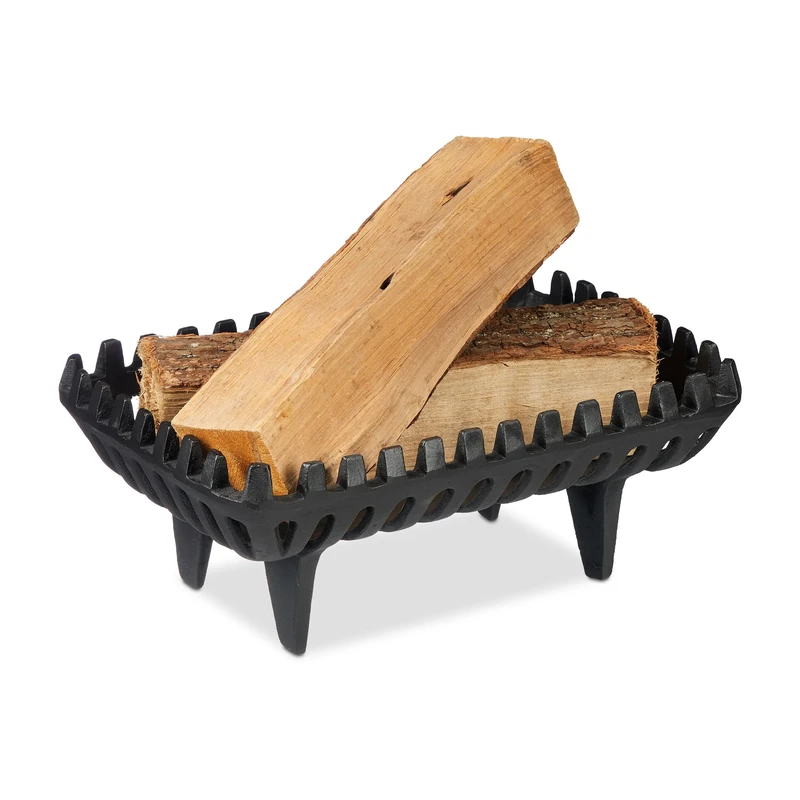 Relaxdays Fireplace Grate, Fire Trestle, HxWxD: 15 x 37 x 26 cm, Solid, Heavy, Cast, Ash Pan with Feet, Iron, Black