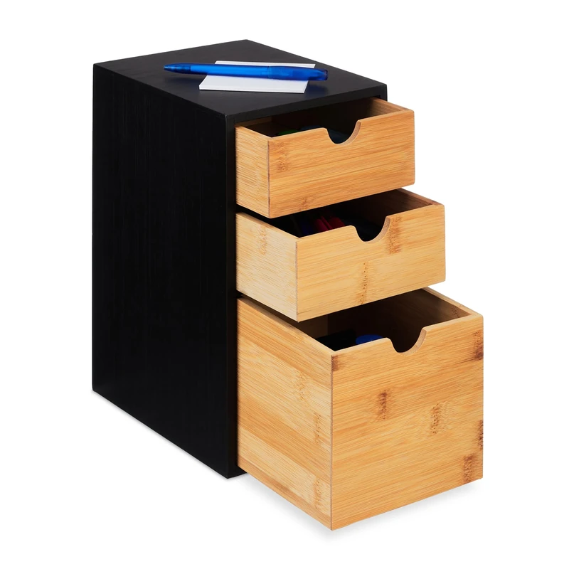 Relaxdays Desk Drawer, Bamboo, 3 Drawers, HxWxD: 28 x 17 x 21.5 cm, Desk Organiser, Office & Home, Natural/Black