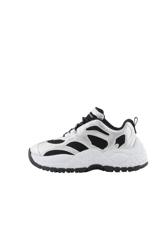 Armani Exchange Women's Vedder, Chunky Sole, Laminated Details, Jumpsuit Logo Sneaker, Silver Black, 6 UK