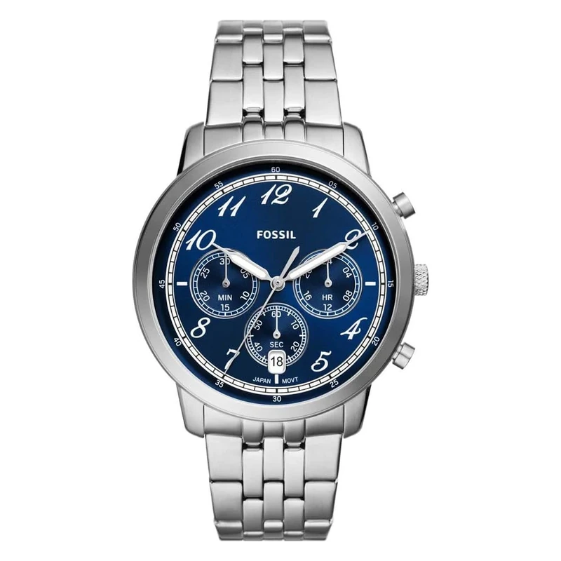 FOSSIL Neutra Watch for Men, Chronograph movement with Stainless steel or Leather strap, Silver tone and blue, 44 mm