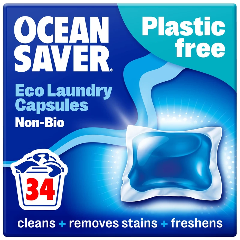 OceanSaver Eco Laundry Detergent Washing Capsules - 34 Loads | Non-Bio, Eco & Skin Friendly, Biodegradable & Scented, Removes Tough Stains | Vegan, Plastic-Free & Cruelty-Free | Plant Based Formula