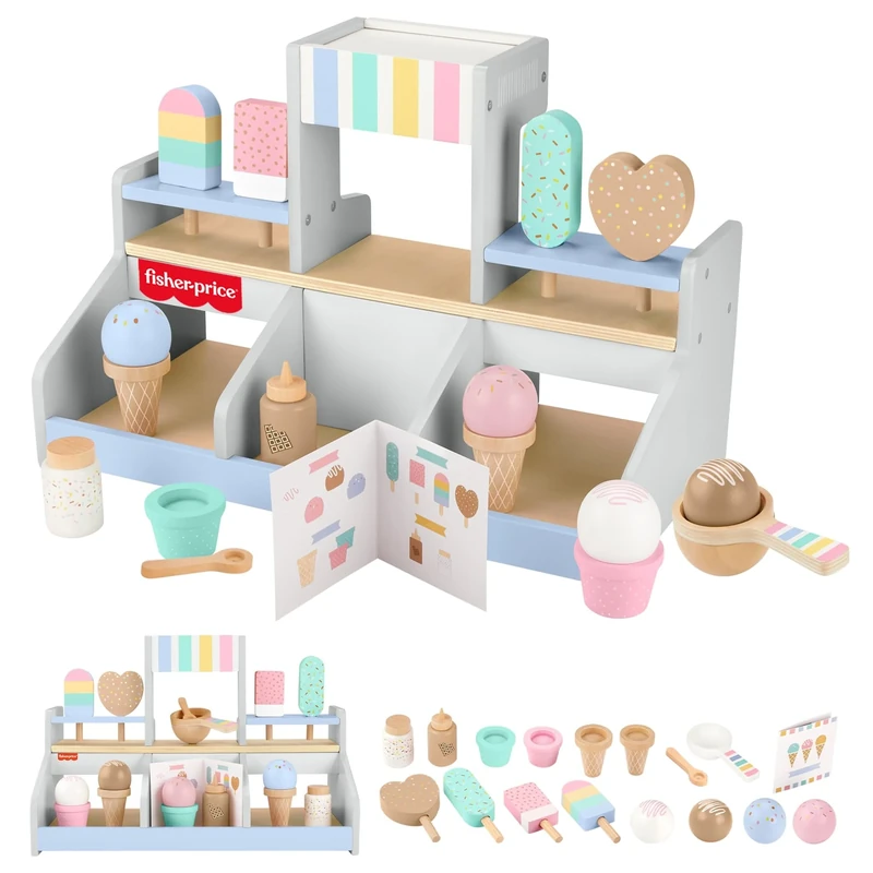 Fisher-Price Wood Pretend Play Toy Ice Cream Shop Set, 18-Piece Wooden Food Playset for Preschool Kids Ages 3+ Years, HXV21