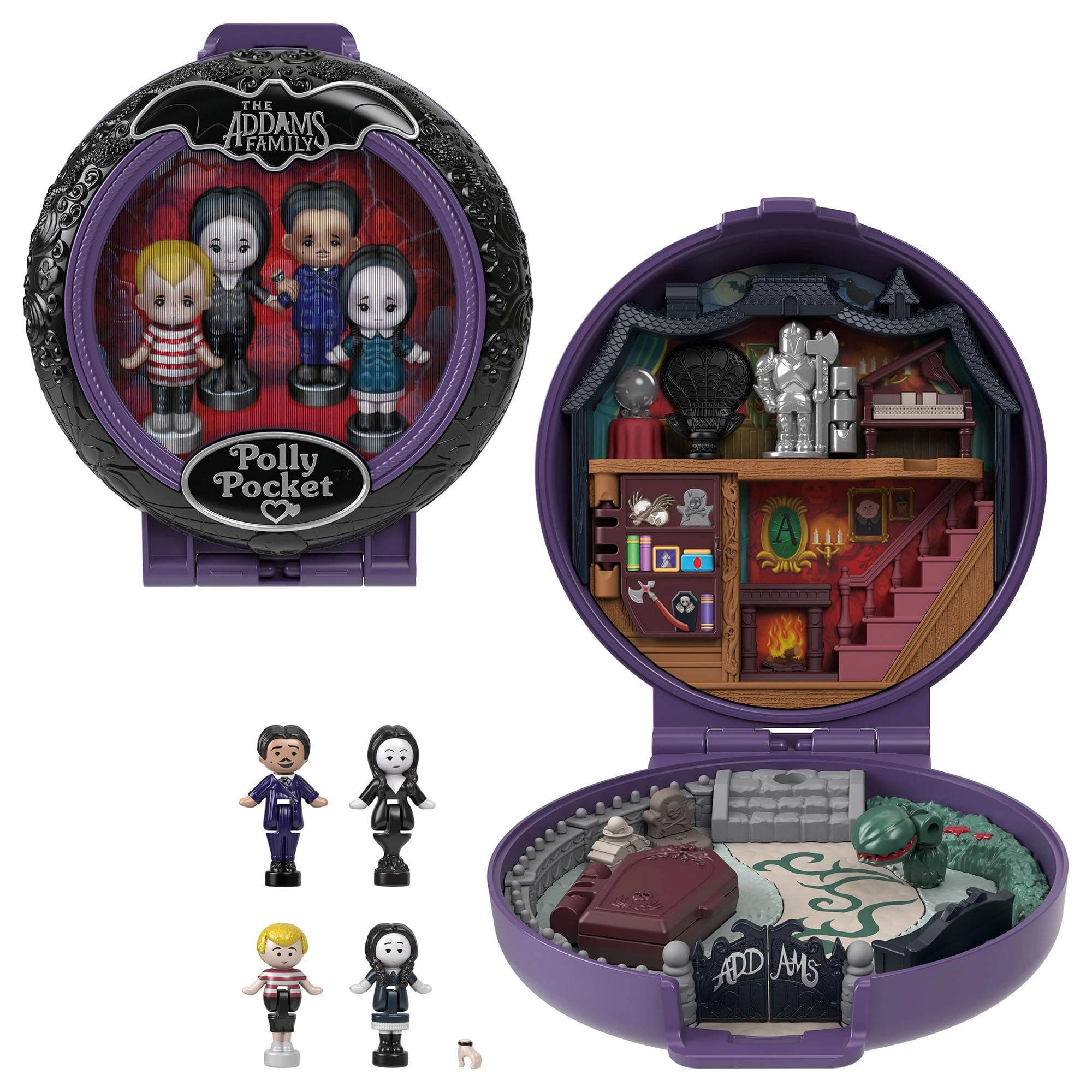 Polly Pocket Collector Playset, The Wednesday Addams Family Compact with 4 Special Edition Character Dolls and 1 Accessory, HXW25