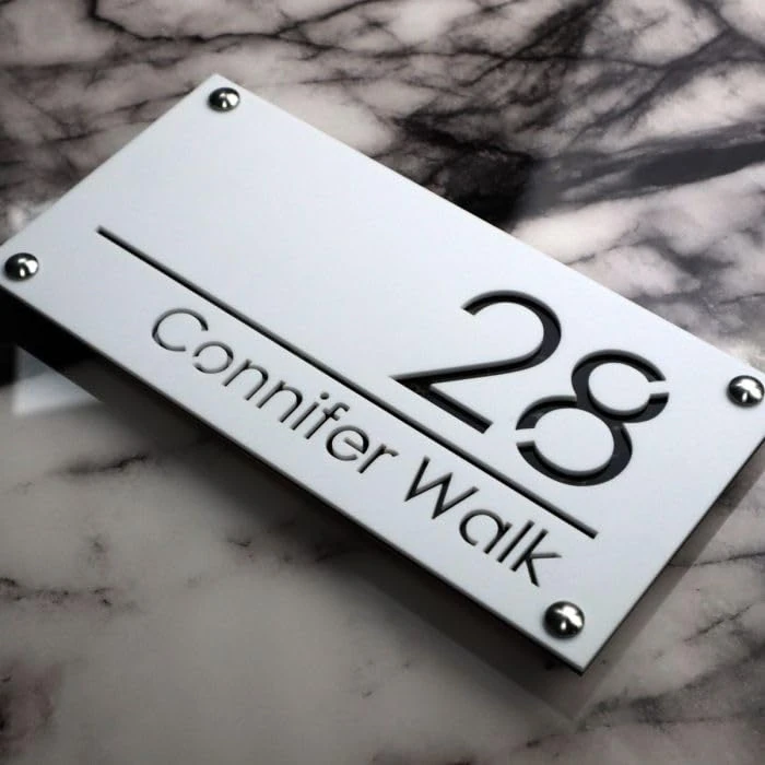 K SMART SIGN | LUXE H1 | House sign door number laser personalised address wall plaques numbers Signs (Matt White & Black Mable)