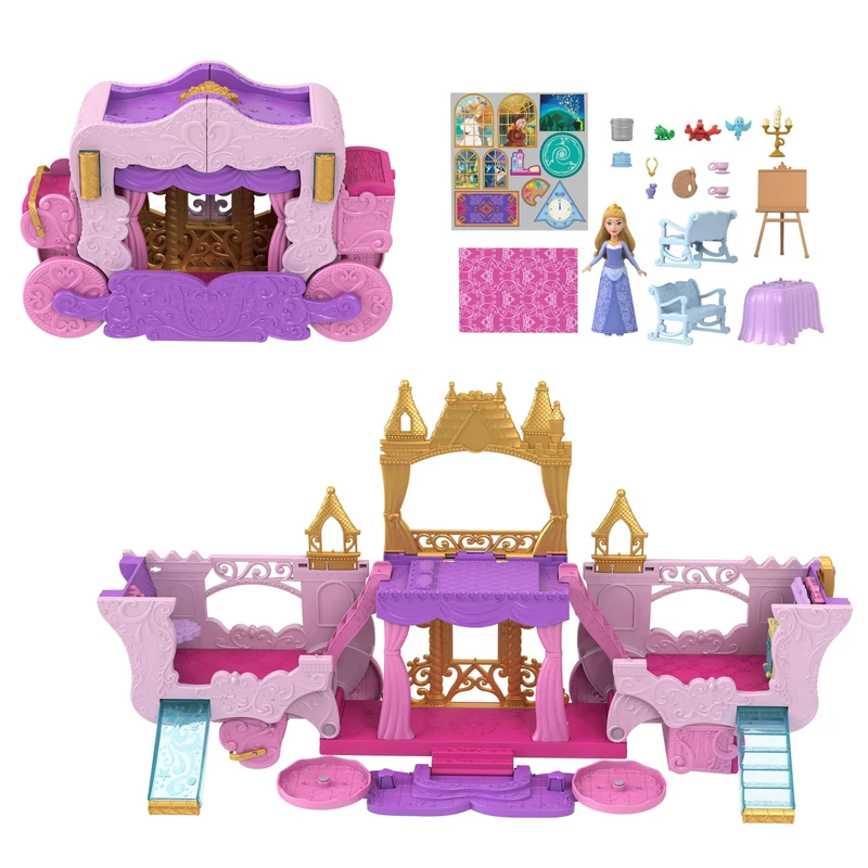 Mattel Disney Princess Carriage to Castle Transforming Playset with Aurora Small Doll, 3 Levels, 6 Play Areas, 4 Figures, Furniture & Accessories, HWX17