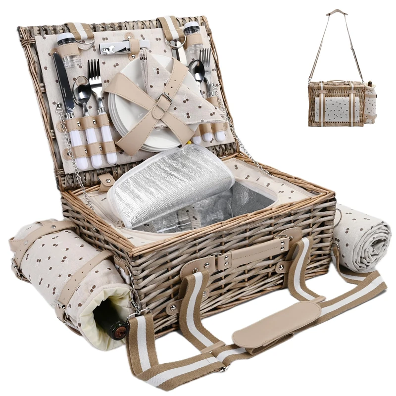 Picnic Basket Set for 4 with Insulated Liner and Waterproof Blanket Wine Pouch, Large Wicker Picnic Hamper for Camping,Outdoor,Valentine Day, Christmas for Couples, Cherry Coffee