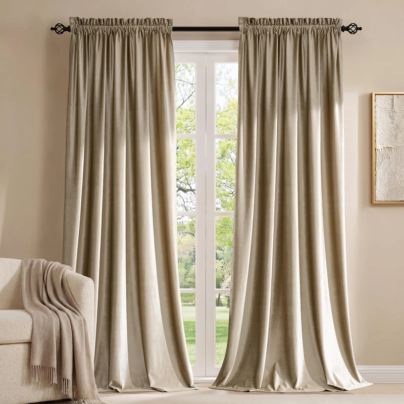 PRIMROSE Taupe Curtains 108 inch for Living Room Velvet Blackout Rod Pocket Window Drapes Treatment Semi Room Darkening Decorative Curtains for Bedroom Set of 2 Panels