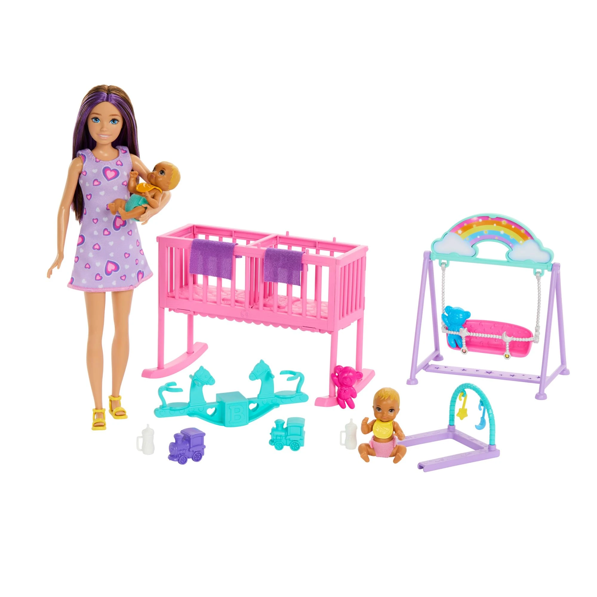 Barbie Skipper Doll & Nursery Playset with Accessories, Includes Twin Baby Dolls, Crib, Swing, See-Saw & More, HXM99