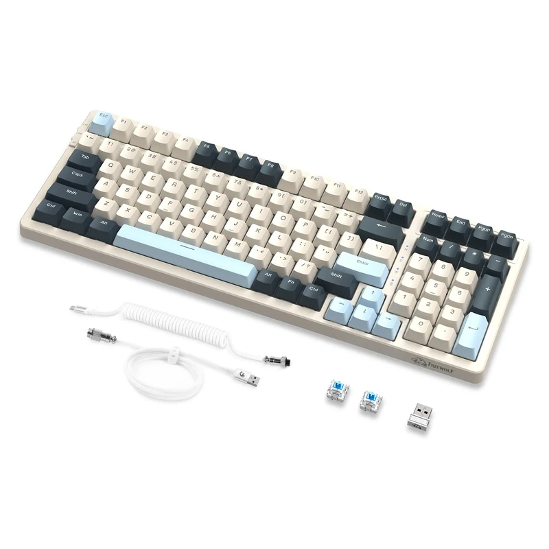 MAMBASNAKE × FREEWOLF K8 3-Mode Mechanical Keyboard, 2.4G Wireless Bluetooth Gaming Keyboard with A Coiled Cable, 19 Backlit, Hot Swap Gasket Mount Colorful, Blue Switch for Laptop PC Mac -Blueberry