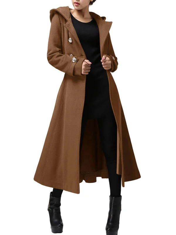 Cicy Bell Womens Long Double-Breasted Hooded Coat Winter Warm Wool Trench Coat with Belts, Brown, Small - Image 1