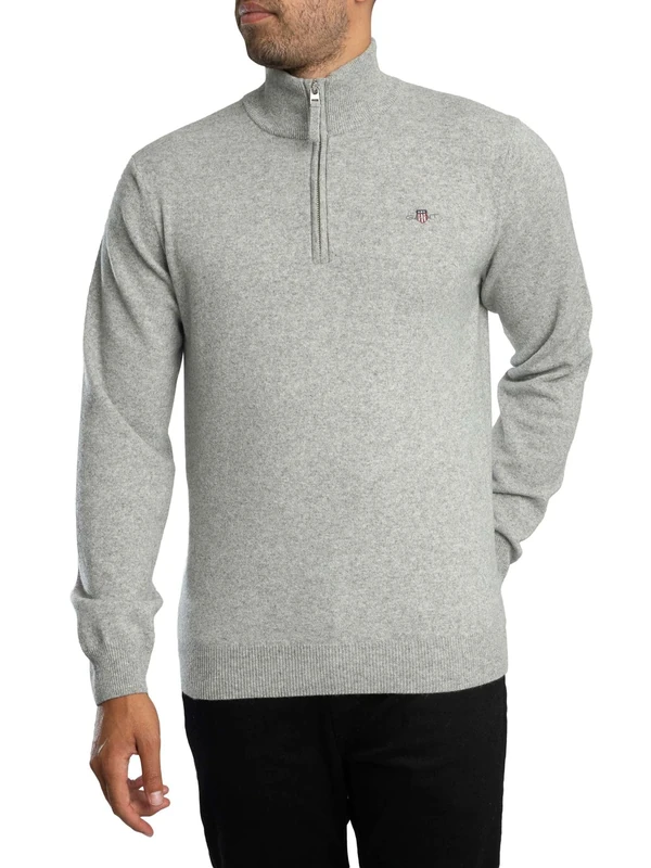 GANT Men's Superfine Lambswool Half Zip Pullover Sweater, Grey Melange,