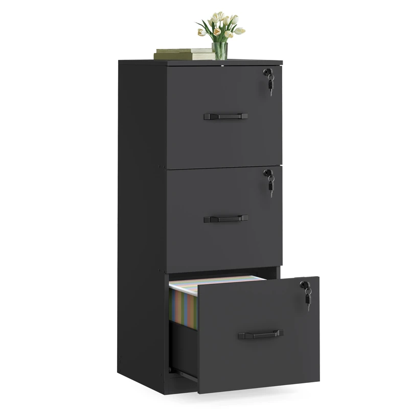 VASAGLE File Cabinet, Filing Cabinet for Home Office, Printer Stand, with 3 Lockable Drawers, Adjustable Hanging Rails, for A4 and Letter-Size Files, Ink Black OFC055B16