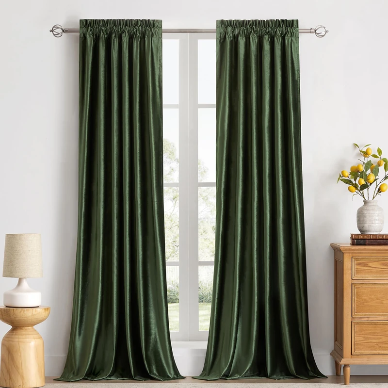 Olive Green Velvet Curtains 120 inches for Living Room Luxury Room Darkening Forest Green Curtain Elegant Bedroom Thermal Insulated Modern Heavy Soft Soundproof Rod Pocket Window Drapes Set of 2 Panel