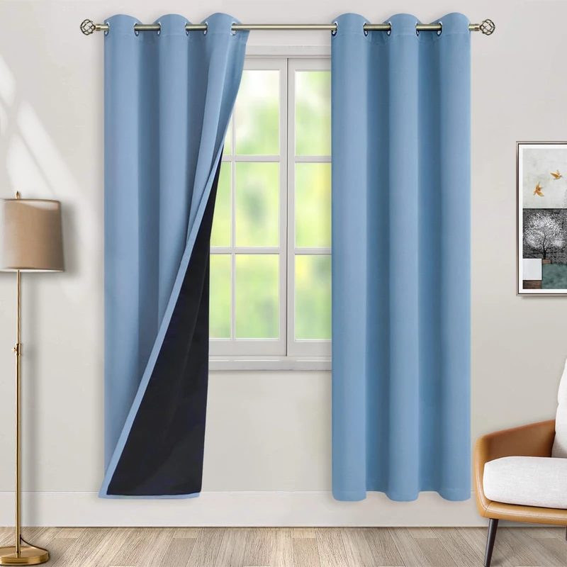 BGment Thermal Insulated 100% Blackout Curtains for Bedroom with Black Liner, Double Layer Full Room Darkening Noise Reducing Grommet Curtain (42 x 84 Inch, Denim Blue, 2 Panels)