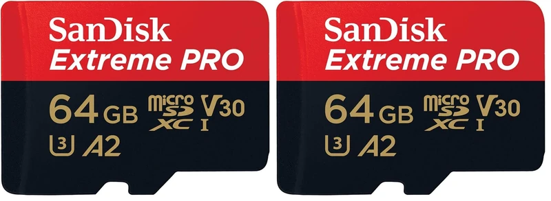 SanDisk 64GB Extreme PRO microSDXC card + SD adapter + RescuePro Deluxe, up to 200MB/s, with A2 App Performance, UHS-I, Class 10, U3, V30 (Pack of 2)