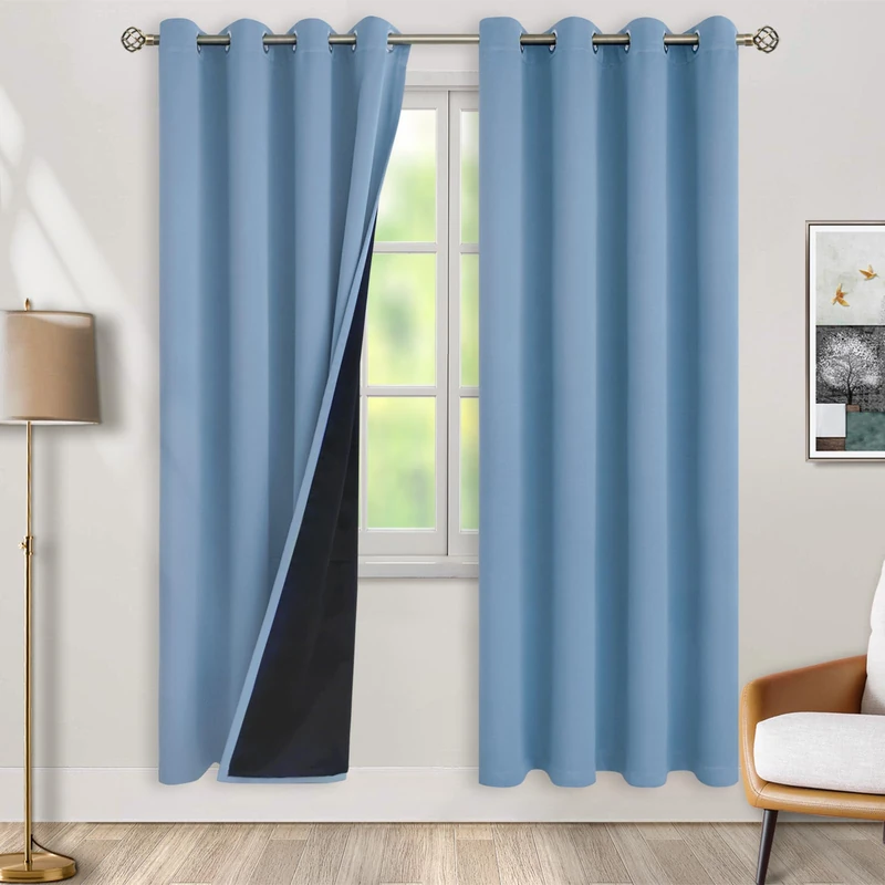 BGment Thermal Insulated 100% Blackout Curtains for Bedroom with Black Liner, Double Layer Full Room Darkening Noise Reducing Grommet Curtain (52 x 84 Inch, Denim Blue, 2 Panels)