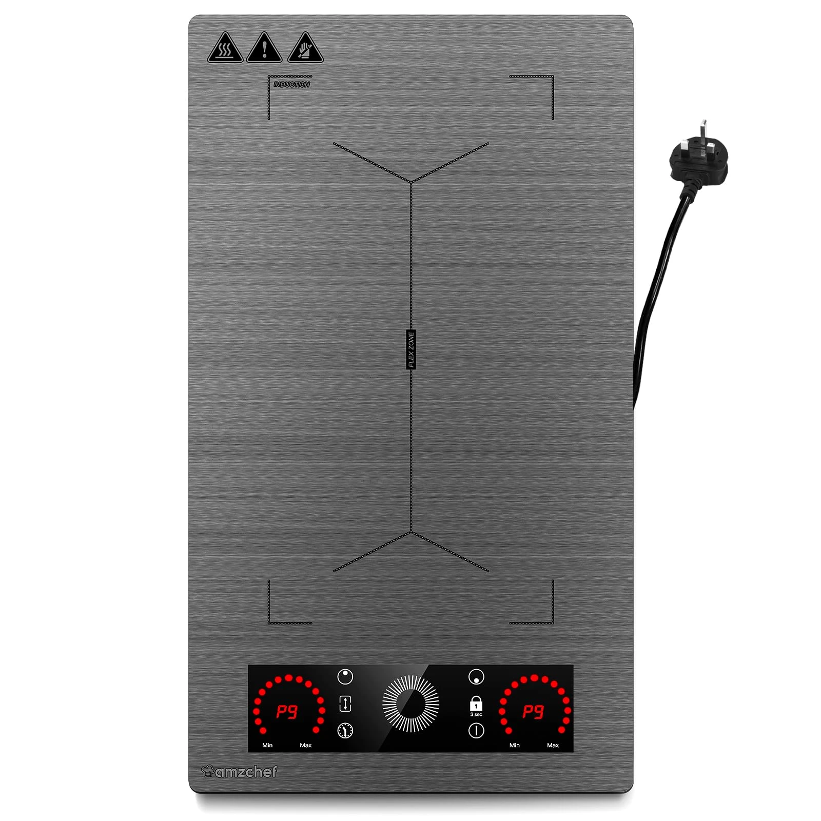 Induction Cooktop with Flexible Zone, AMZCHEF Double Induction Cooktop with 9 Power Levels, Intermittent Heating, Fashionable Control Panel,Safety Lock and Timer, 3300W, UK-SK-33IHB2S4P