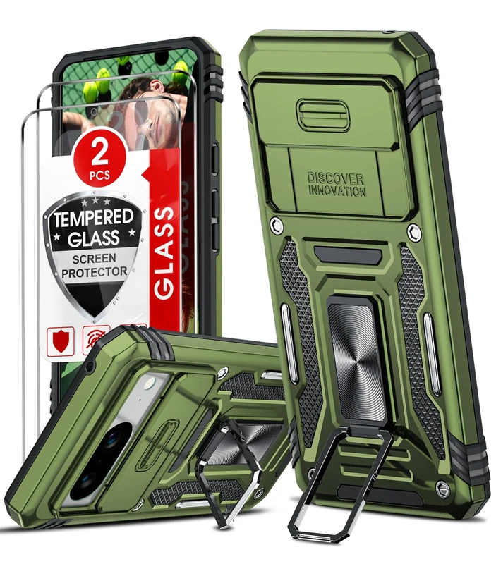 LeYi Pixel 8 Case Lens Slider, 2 Screen Protectors, Ring Stand - Green