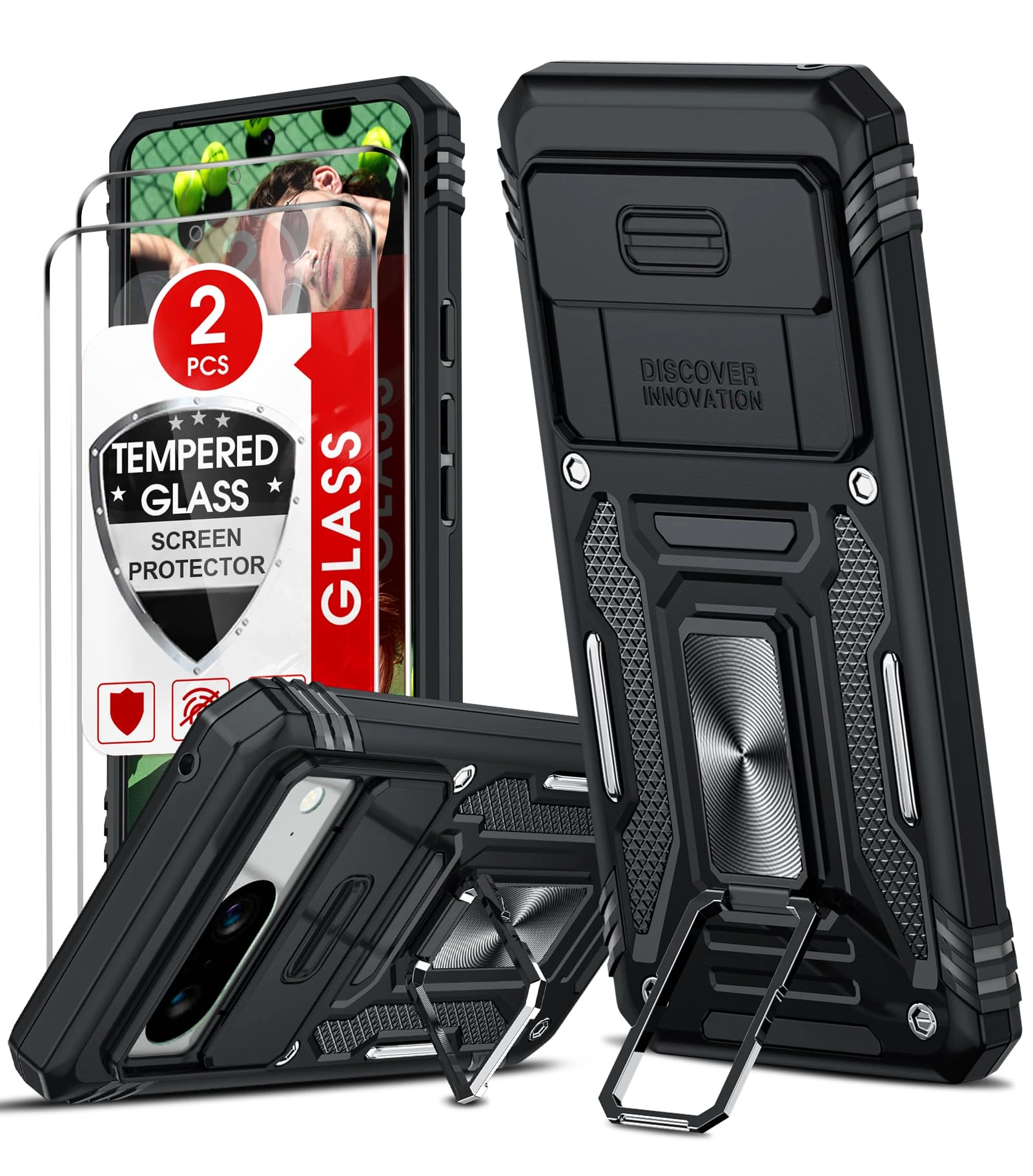 LeYi for Google Pixel 8 Case: Pixel 8 Phone Case with Camera Lens Cover Slider, 2 Pack Screen Protectors, Ring Stand Holder Military Grade Protective Shockproof Armour Cover, Black