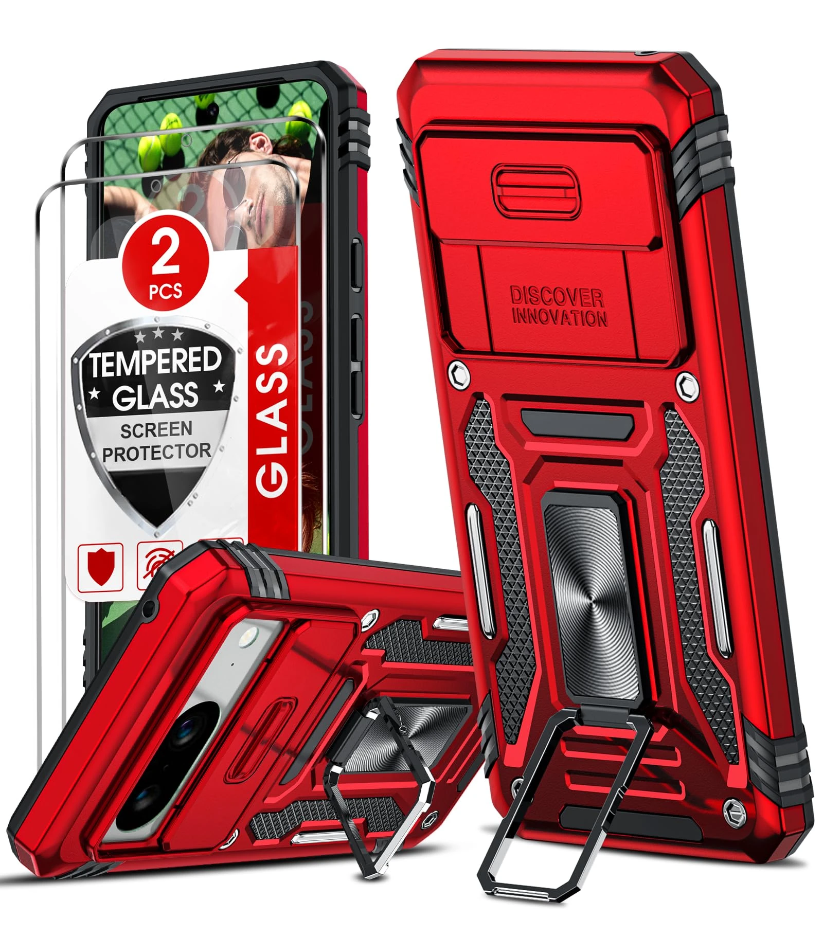 LeYi for Google Pixel 8 Case: Pixel 8 Phone Case with Camera Lens Cover Slider, 2 Pack Screen Protectors, Ring Stand Holder Military Grade Protective Shockproof Armour Cover, Red