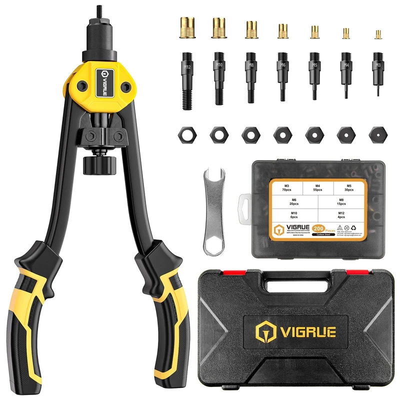 VIGRUE Professional Rivet Nut Pliers Set, Thread Rivets Riveter Set Including 200 Thread Rivet Nuts Set, 7 Interchangeable Rivet Mandrels and Carry Bag Mandrels in M3 M4 M5 M6 M8 M10 M12 Thread Nut