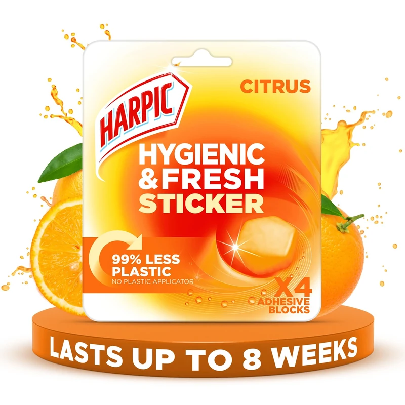 Harpic Hygienic Fresh Sticker Adhesive Toilet Block, Citrus , Pack 1 x 4 Stickers, Toilet Freshener, No Plastic Applicator, Up to 8 weeks of Freshness