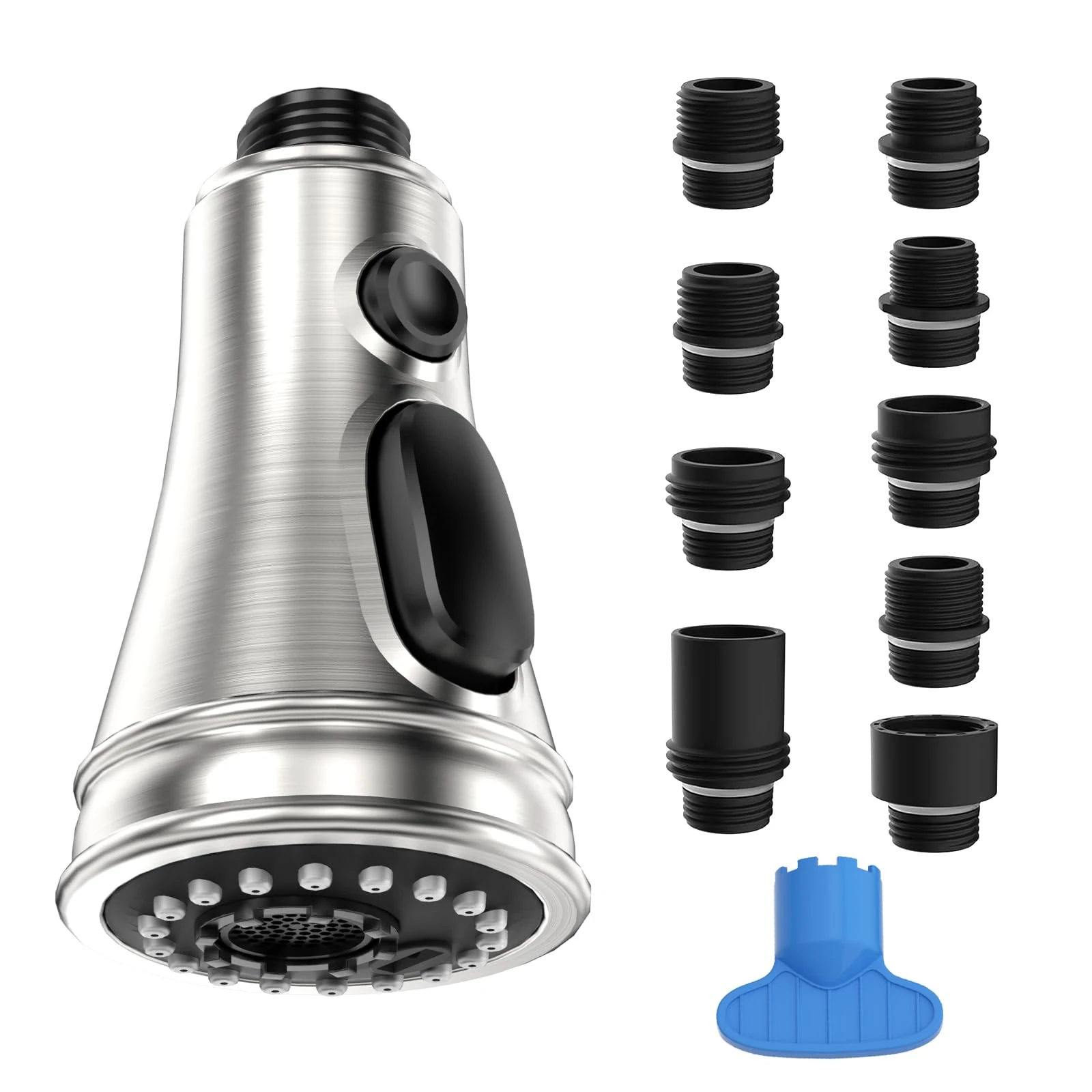 DAYONE Kitchen Tap Spray Head Replacement, Brushed Pull Down Kitchen Spray Head with 9 Adapters, Universal UK Standard Pull Out Spray Head with Stream, Spray, and Sweep Mode