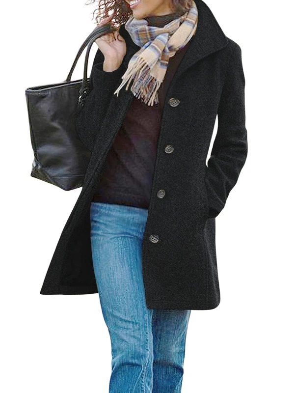 CHARTOU Women's Casual Thicken Wool Blend Stand Collar Single Breasted Pea Coat, Black, X-Large