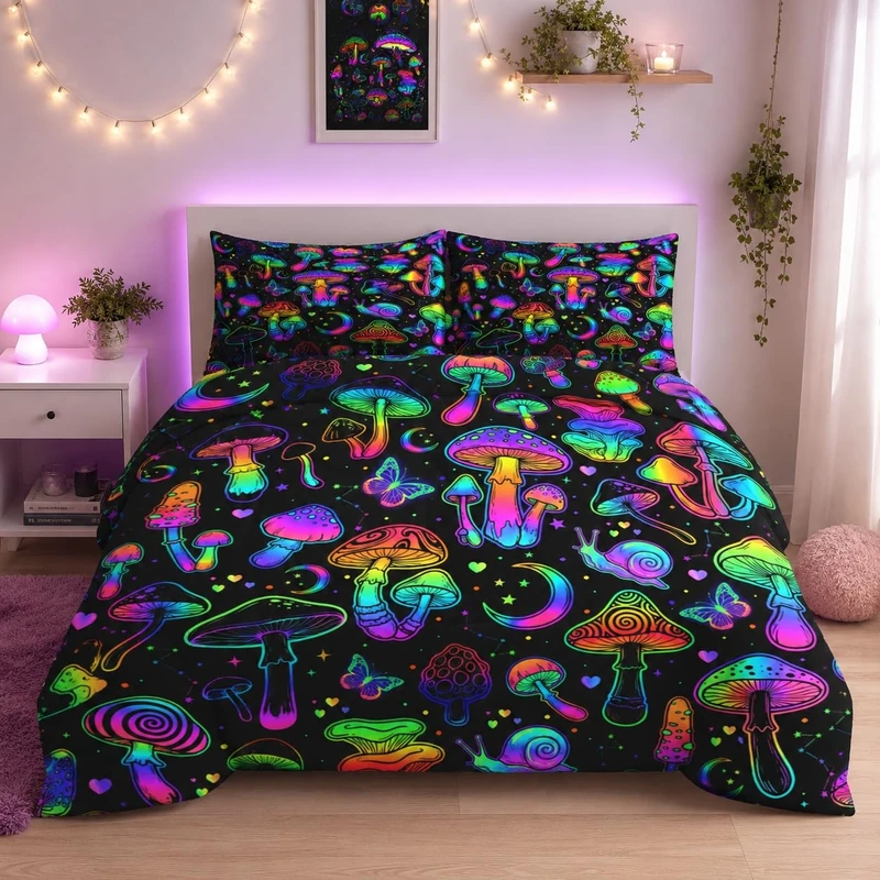 King Size Comforter Set with 2 Pillowcases, Summer Halloween Psychedelic Mushroom Neon Soft Bedding Set for Kids and Adults Bedroom Bed Decor