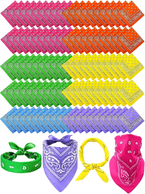 Unittype 100 Pieces Paisley Bandanas Bulk Unisex Cowboy Bandanas Assorted Headband Square Scarf for Party Costume, Assorted Neon Colors, Classic