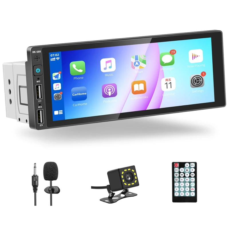 1 DIN Car Radio with Apple CarPlay and Android Autoradio, 1 DIN Bluetooth Car Radio, 6.9" Touchscreen Autoradio Supports Mirror Link/FM Radio RDS/USB/Microphone/Backup Camera/Remote Control