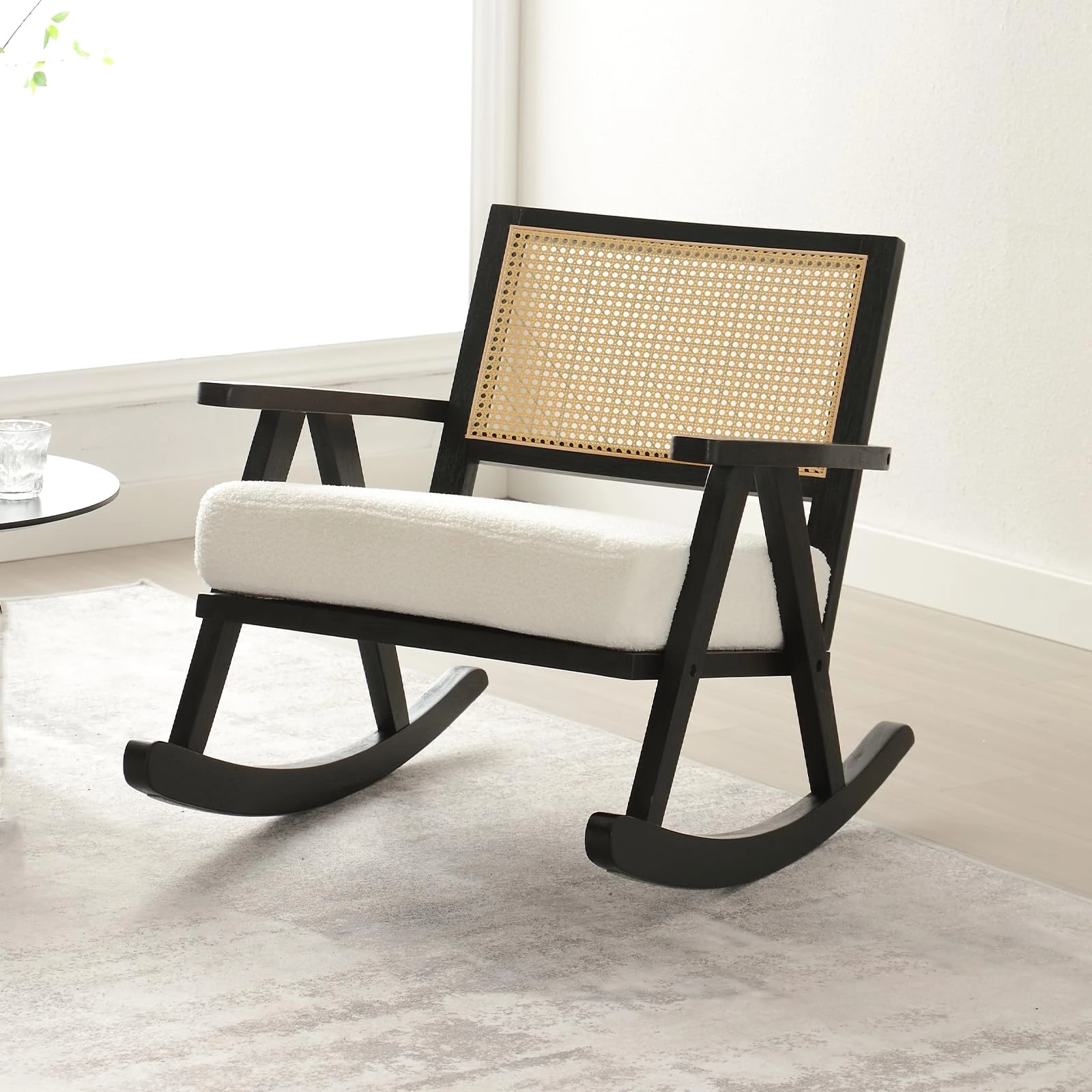 chairus Upholstered Rocking Chair for Living Room Faux Fur Relax Chair with Rattan Backrest Leisure Lounge Armchair with Solid Wood Legs Bedroom (Black)