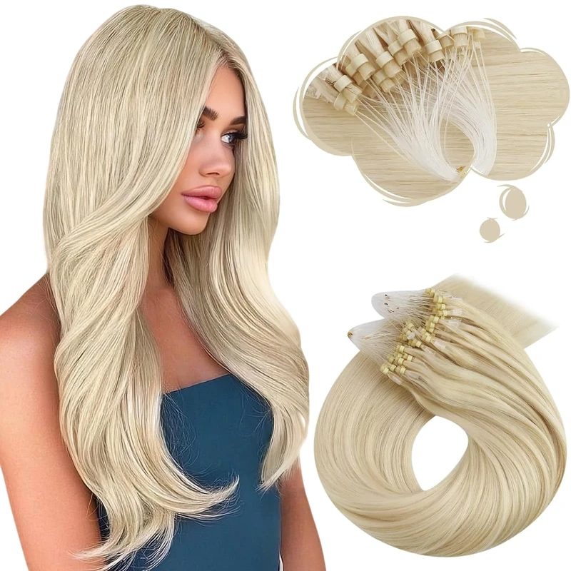 Moresoo Micro Ring Hair Extensions Real Human Hair Blonde Micro Loop Hair Extensions Real Human Hair Platinum Blonde 20 Inch 1g/s 50g/Pack #60