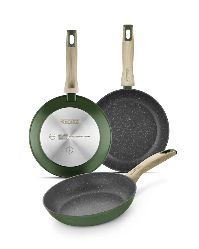 MONIX Amazonia | Set of 3 Frying Pans 18-22-26 cm Forged Aluminium, Non-Stick Tricayer Reinforced Titanium Without PFOA, Suitable for All Types of Cookers and Induction