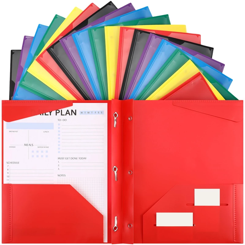 Tenceur 48 Pack Heavy Duty Folders with Clear Front Pockets Plastic Folders with Prongs and Pocket Folders with 3 Prong Fasteners for Letter Size Paper/Card Slot//School/Work/Home Use (Bright Colors)