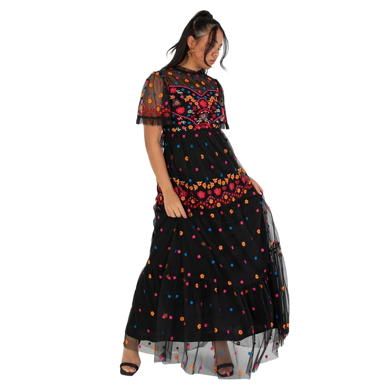 Maya Deluxe Women's Ladies Maxi Dress Short Sleeve High Neck Embroidered Ruffle Frilly Tulle A-line for Occasion Evening Ball Gown Black 22