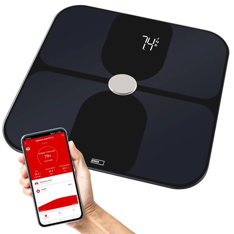EMOS Smart Body Fat Scale, BMI Personal Scales with ITO Glass, Body Scales for Measuring and Analyzing 14 Body Data, Memory for 8 Users, GoSmart App, iOS/Android, Bluetooth, Load Capacity 180 kg
