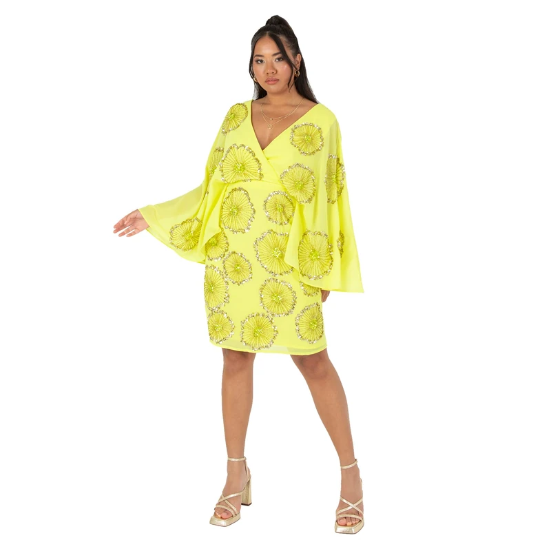 Maya Deluxe Women's Ladies Midi Dress Cape Sleeve Plunge V-Neck Knee-Length Floral Embellished A-line for Wedding Guest Occasion Lime Green 8
