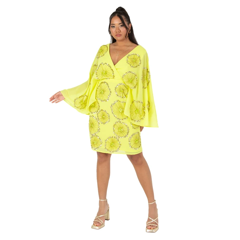 Maya Deluxe Women's Ladies Midi Dress Cape Sleeve Plunge V-Neck Knee-Length Floral Embellished A-line for Wedding Guest Occasion Lime Green 14