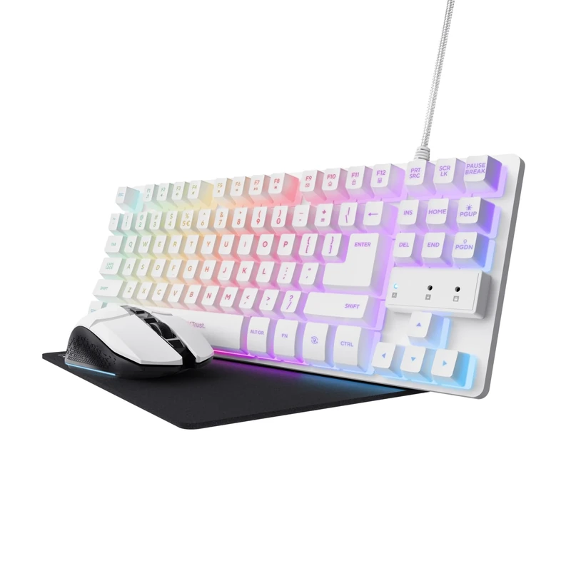 Trust Gaming GXT 794W 3-in-1 TKL Gaming Mouse and Keyboard Kit, Italian QWERTY Layout, Recycled Plastic Keyboard, Wireless Mouse 80 Hours Runtime, Mat, RGB PC Gamer Bundle Pack, White