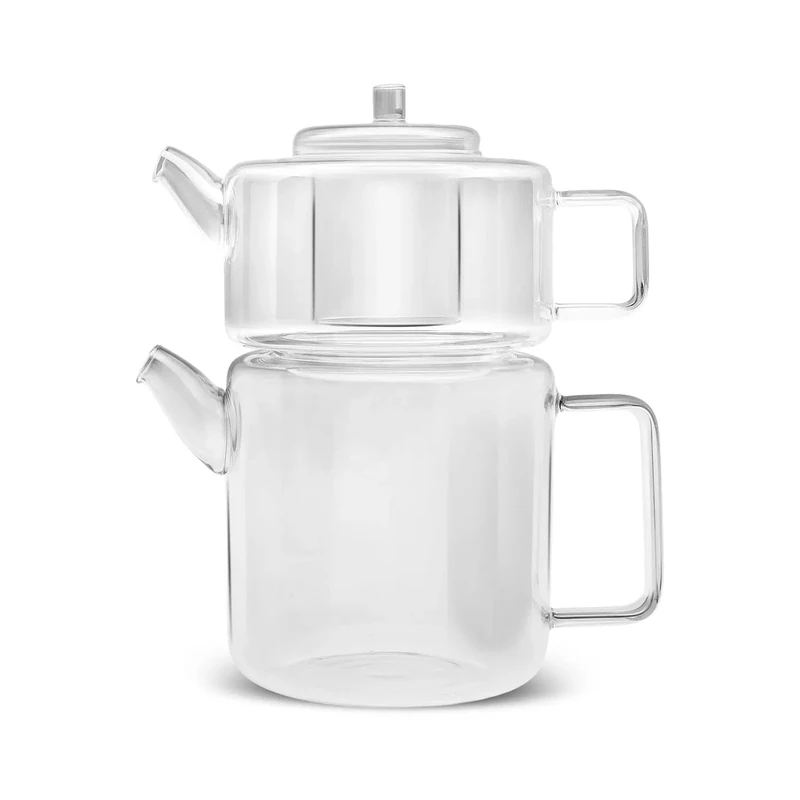 Karaca Flat Borosilicate Glass Teapot – 1.1 L Top / 1.8 L Bottom, Heat-Resistant, Dishwasher Safe