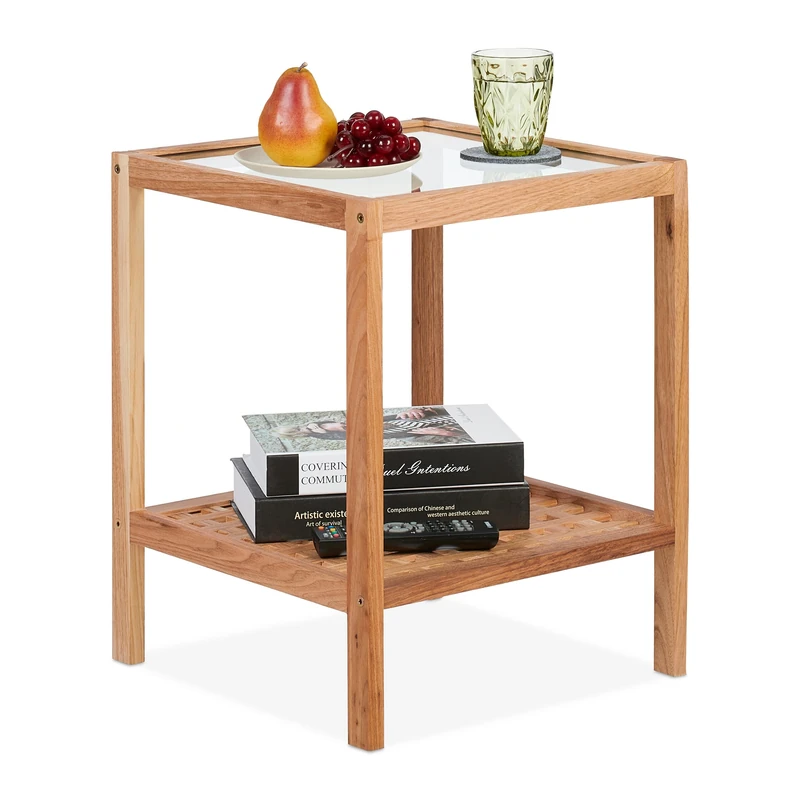 Relaxdays Side Table, Living Room with Glass Top, Walnut Wood, 50 x 40 x 40 cm, Bedside, Square Storage Board, Natural - Image 1