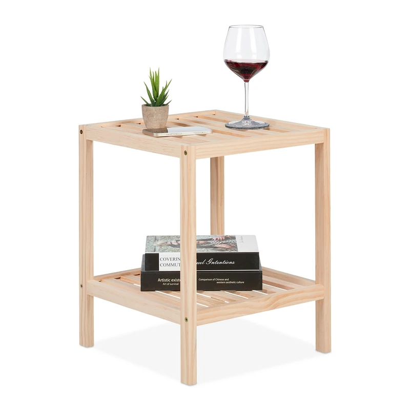Relaxdays Side Table for Living Room or Bedroom, Pine Wood, HWD: 50 x 40 x 40 cm, Bedside, Square Storage Board, Natural