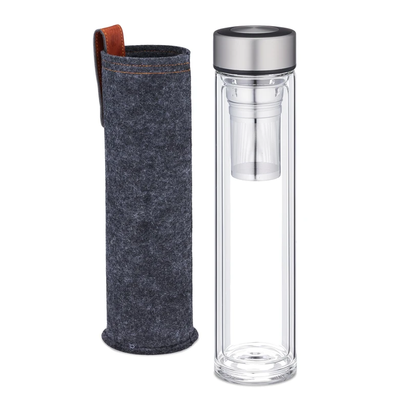 Relaxdays Tea Bottle with Strainer, 500ml, Glass, Infuser, Dishwasher Safe, Sleeve, Stainless Steel, Lid, Clear/Grey