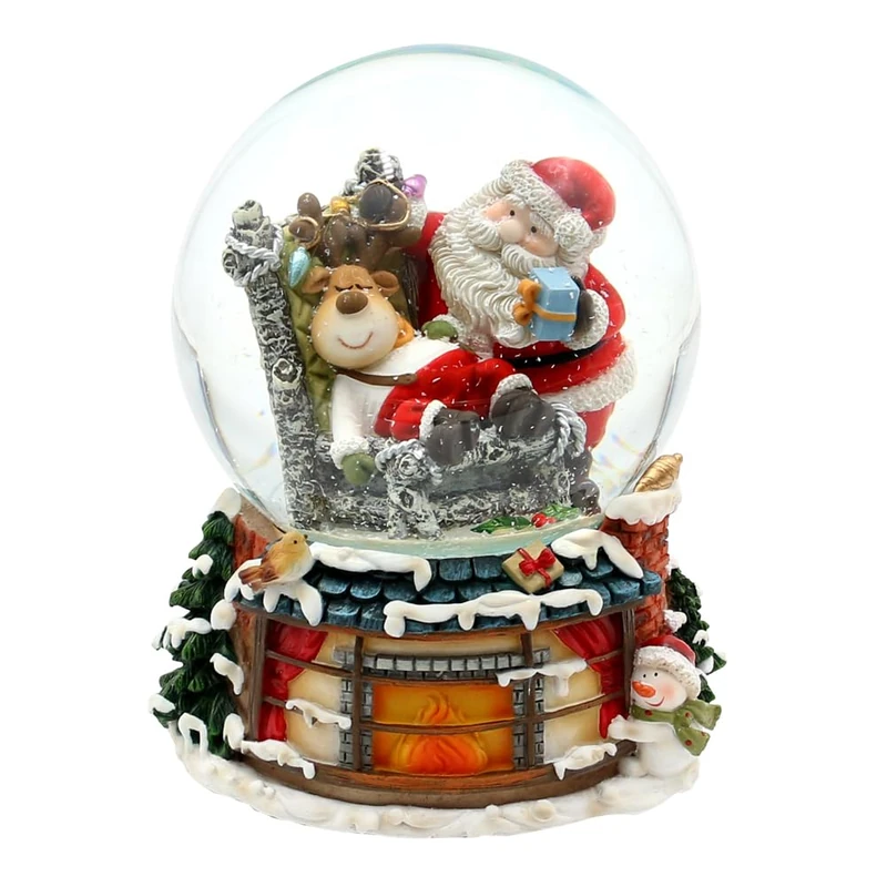 Snow Globe Reindeer in Chair and Santa Claus on Fireplace Base with Musical Mechanism, Melody: Here Comes Santa Claus, L/W/H/Diameter Ball 11 x 11 x 15 cm, Diameter 10 cm