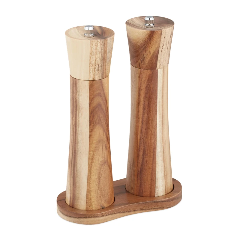 Relaxdays Salt and Pepper Mill, 2X Set, Spice Grinder, Manual, Grinding Mechanism, Acacia Wood & Steel, Brown, 22 x 15 x 7 cm