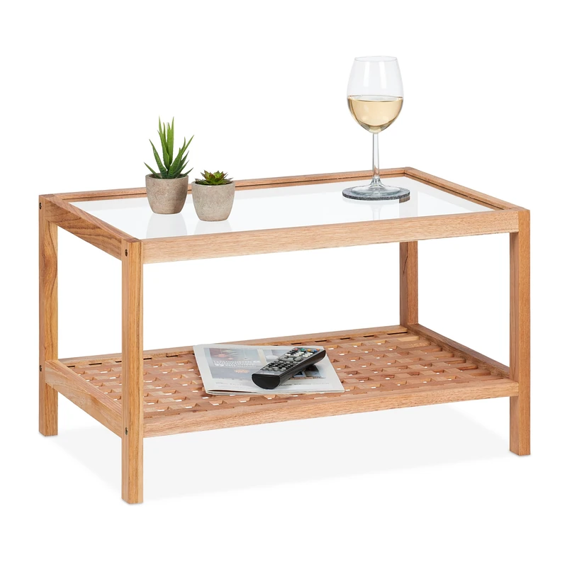 Relaxdays Coffee Table, Living Room with Glass Top, Walnut Wood, 35 x 60 x 40 cm, Bedside, Rectangular Board, Natural